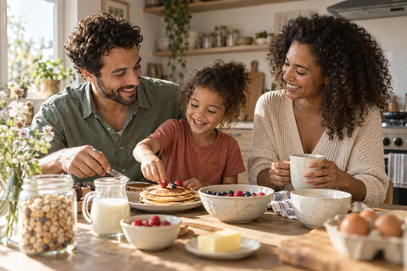 Deux parents et leur enfant préparent un petit-déjeuner ensemble